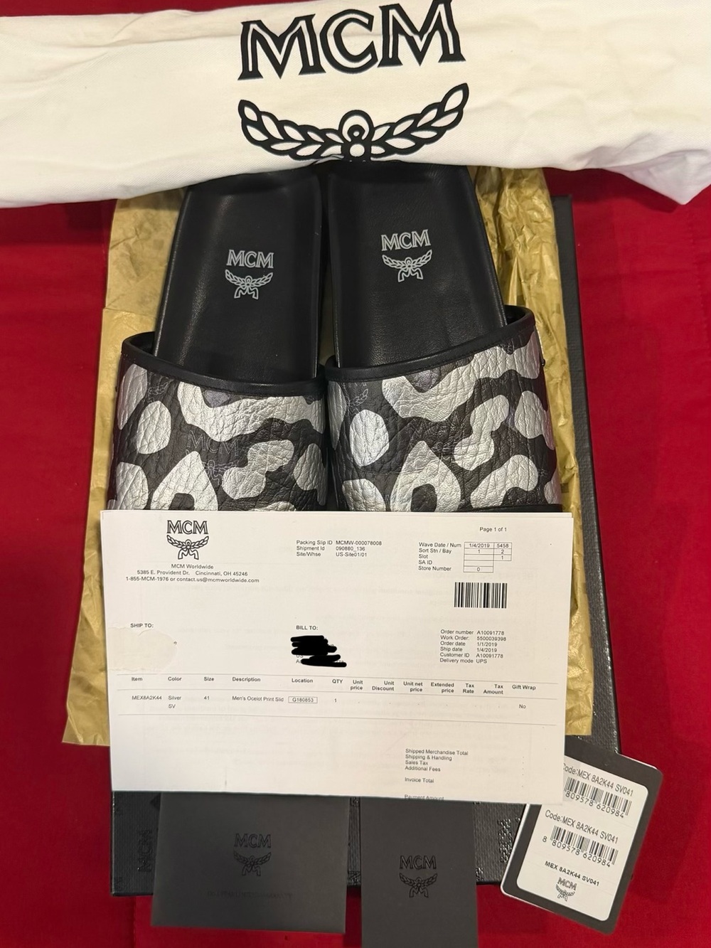 MCM Black and Silver Camo Logo Slide Sandals